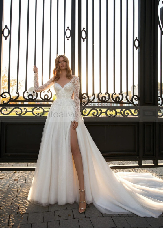 Long Sleeves Beaded Ivory Lace Tulle Slit Sparkly Wedding Dress